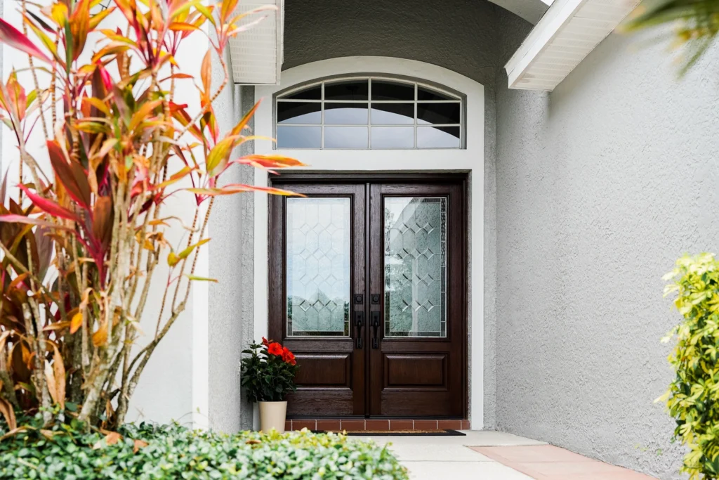 Signet Oak 440-1P French Entry Door_Truffle_Constance Decorative Glass_Horizontal