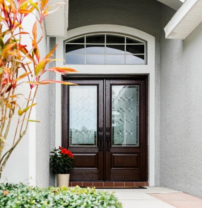 Signet Oak 440-1P French Entry Door_Truffle_Constance Decorative Glass_Horizontal