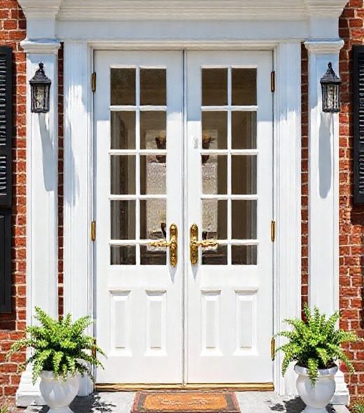 White French entry doors with glass panes and brass handles installed on brick home