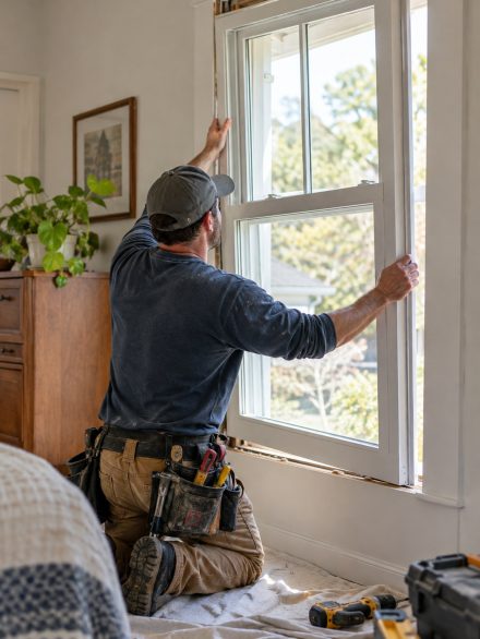 Window Installation in Twin Falls County - ID as installers level a new living room window frame