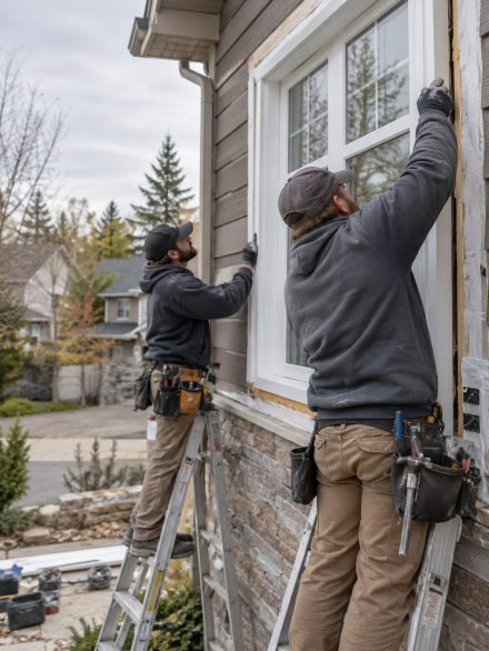 Crew performing Window Installation at a Twin Falls County - ID home while checking frame alignment