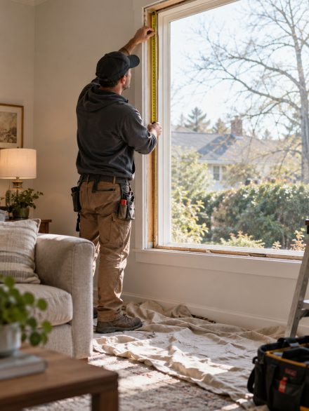 Window Installation in Ada County - ID as technicians secure a replacement window in a family room, Window Installation in Eagle - ID in progress as a crew aligns a new bedroom window