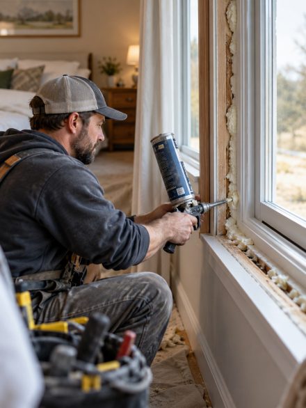 Window Installation in Canyon County - ID as installers level a new bedroom window before sealing, Window Installation in Kuna - ID underway as installers secure a new living room window