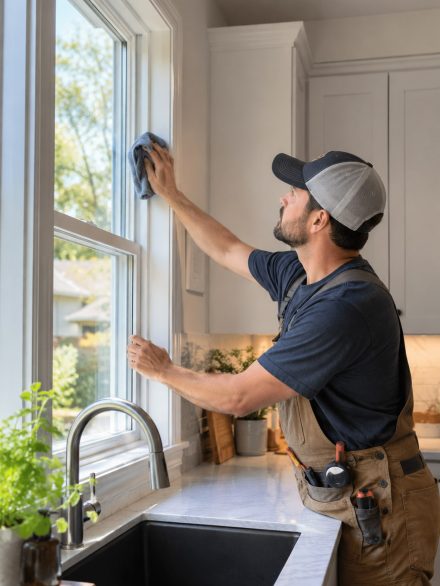 Technicians performing Window Installation at an Elmore County - ID home while checking exterior sealing, Installer checking Window Installation alignment on a Star - ID home using precise hand tools