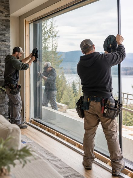 Window Installation in Twin Falls - ID as installers level a new bedroom window frame, Window Installation in Nampa - ID underway as installers level a new front room window