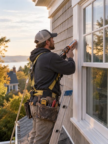 Crew completing Window Installation on a Twin Falls - ID home while checking trim alignment, Technician reviewing Window Installation details beside a Nampa - ID home before sealing the frame