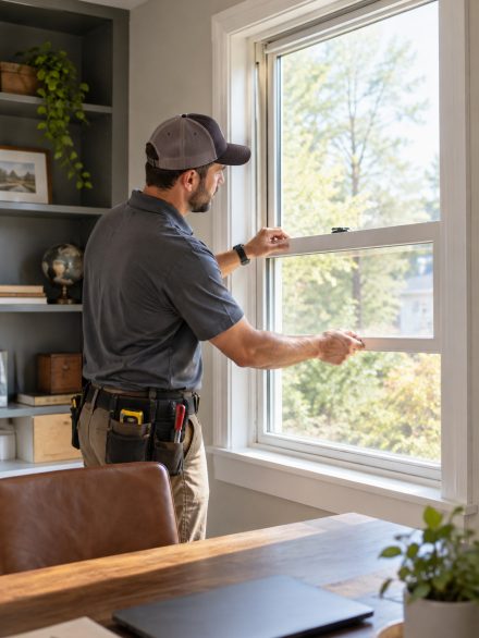 Window Installation in Kimberly - ID as a crew secures a new living room window, Window Installation in Caldwell - ID as a crew aligns a replacement window in a family room