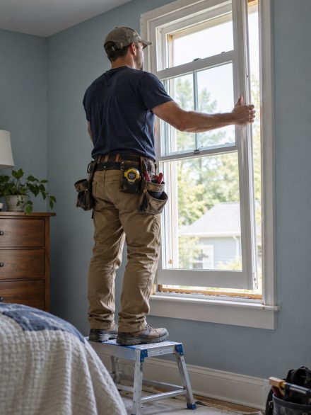 Installer checking Window Installation alignment on a Kimberly - ID home exterior during replacement