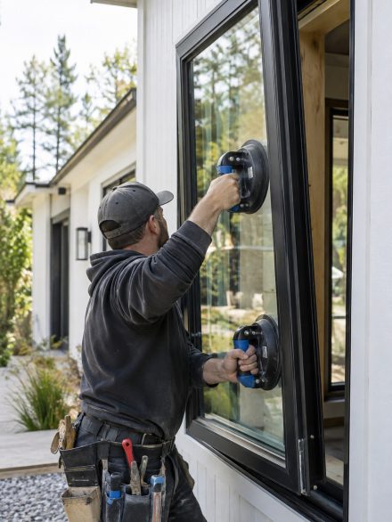 Technician reviewing Window Installation fit on a Buhl - ID home with exterior trim tools, Technician checking Window Installation spacing on a Middleton - ID home before fastening exterior trim