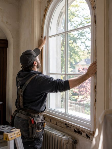 Installer checking Window Installation alignment on a Filer - ID home before sealing trim, Installer reviewing Window Installation measurements beside a Parma - ID home before securing exterior flashing
