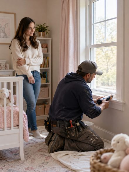 Window Installation in Hansen - ID as installers level a replacement window in a farmhouse wall, Window Installation in Wilder - ID underway as installers level a new bedroom window frame