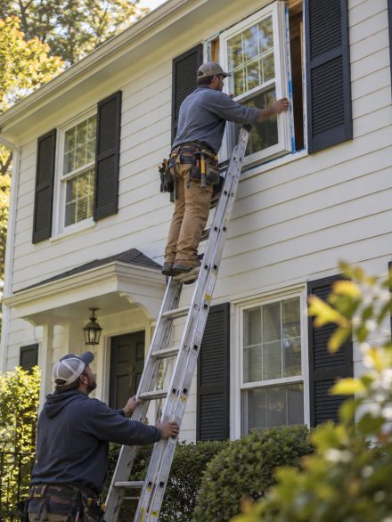 Window Installation in Boise - ID underway as installers secure a new living room window frame