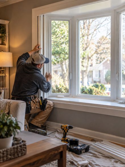 Specialist checking Window Installation alignment inside a Boise - ID home during final adjustment